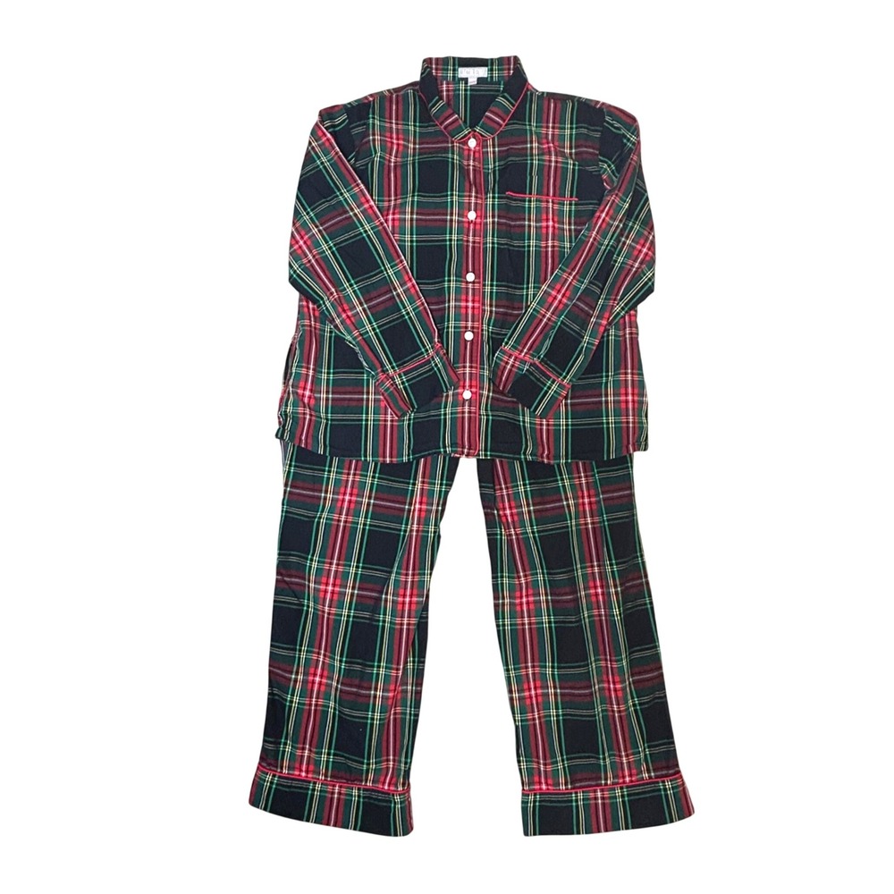J.Crew Women Holiday Pajama Set Green Red Black Plaid Cotton Button Down XL